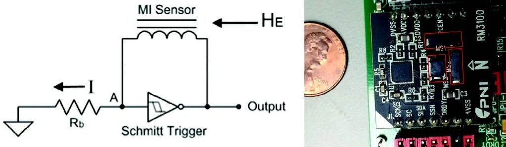 Photo of magnetometer circuit next to penny for scale