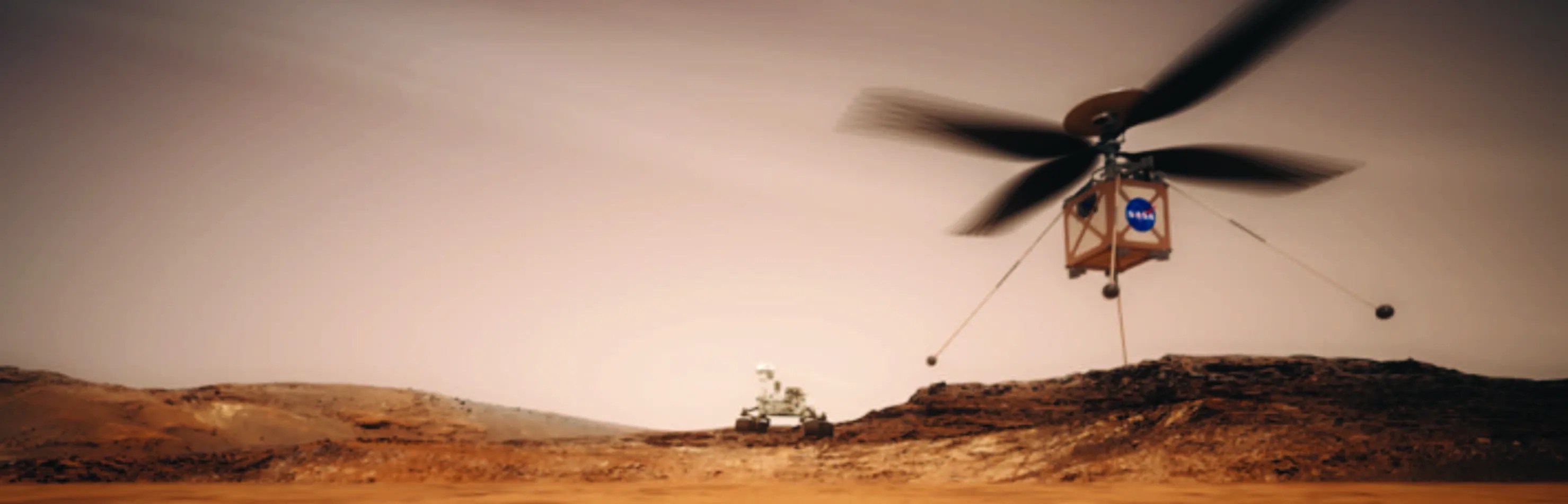 Artist's concept of the Mars Helicopter with the Mars 2020 rover in the background
