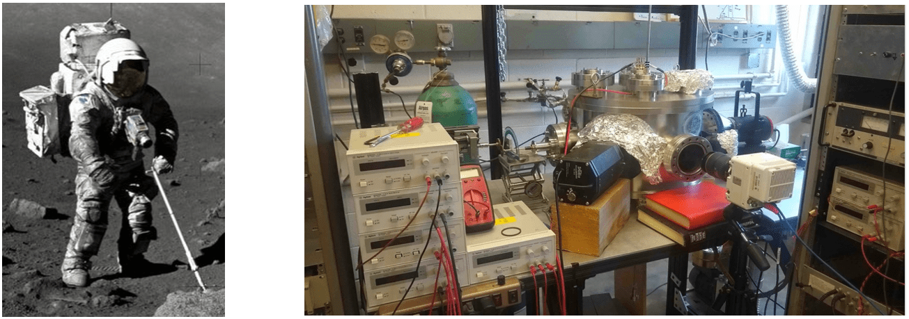 On the left: Black and white photo of an astronaut on the surface of the moon. On the right: photo of a small table filled with lab equipment for a technology demonstration