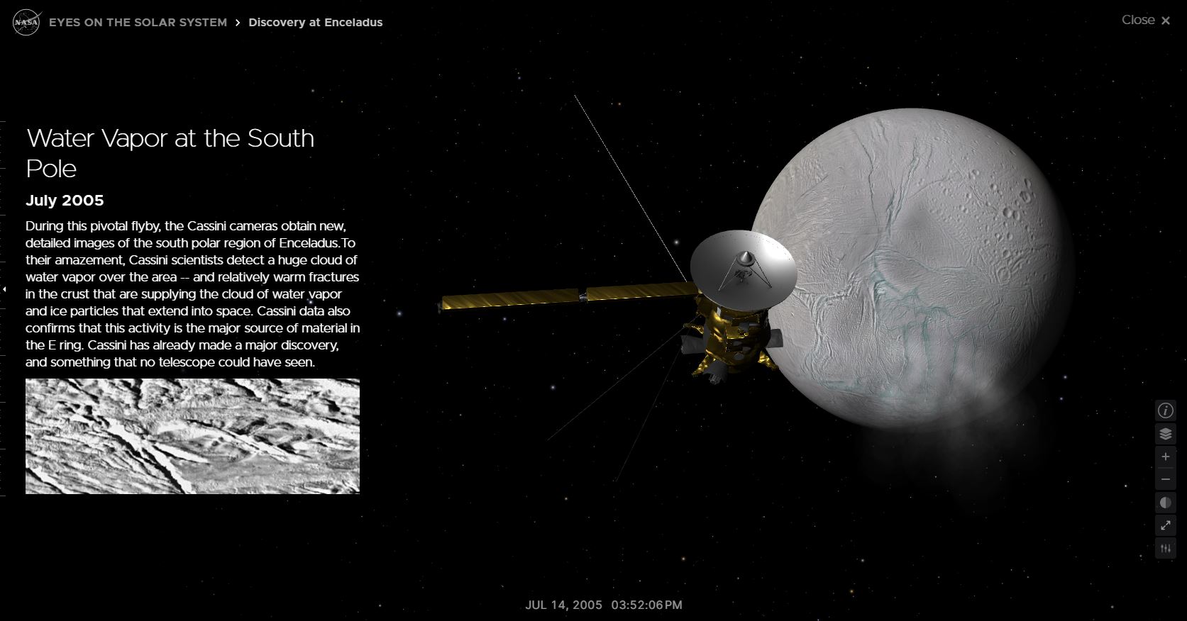 Screen grab of NASA Eyes product showing text box at left with Cassini spacecraft approaching Enceladus on the right
