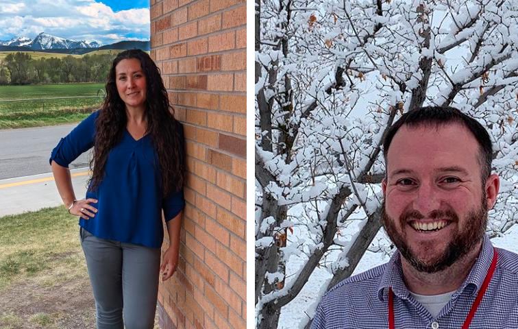 Photo of a woman with long brown hair wearing a blue shirt leaning on a brick wall and a photo on the right of a smiling man standing in front a snow covered tree.