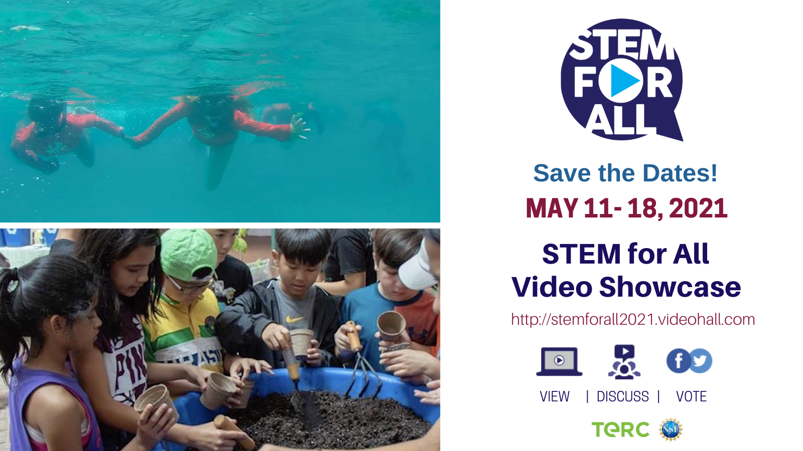Collage of photos including kids swimming underwater and working with a large tub of soil.