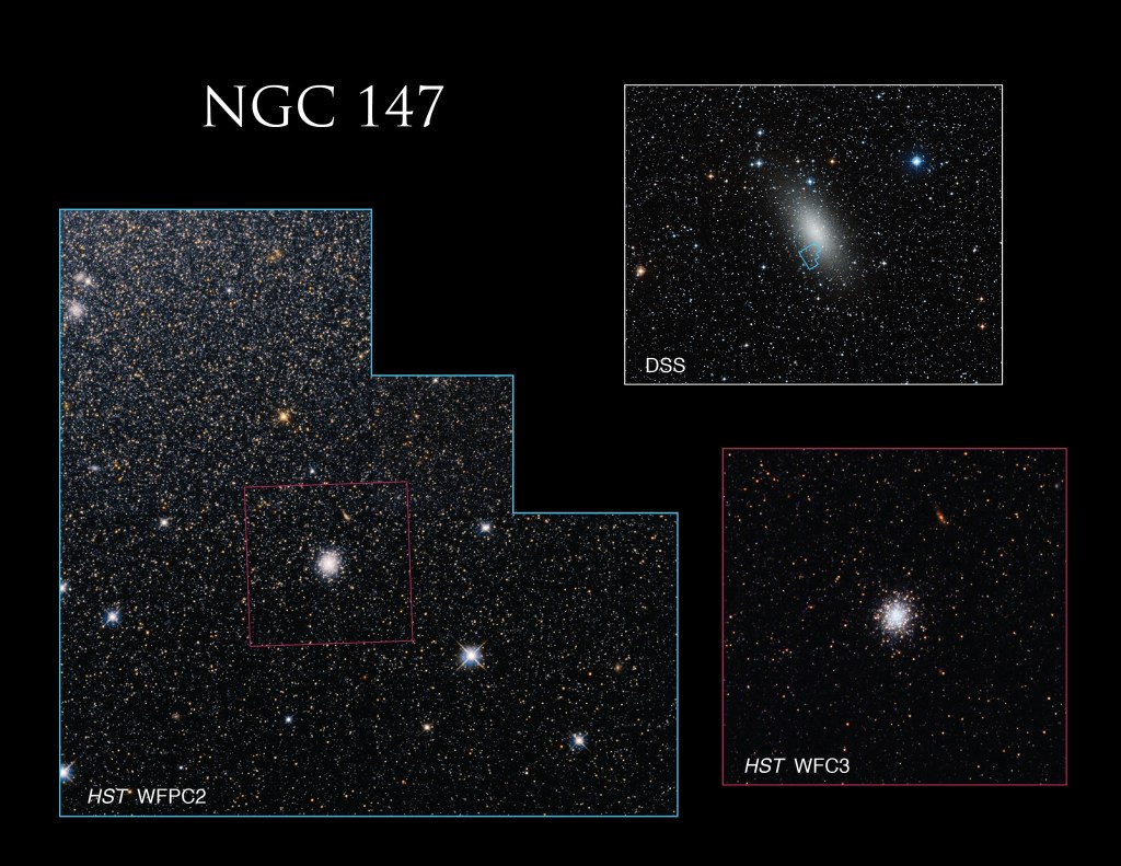 On the top right, a full ground based image of a distant galaxy, bright white in the center surrounded by clouds of dust and gas. Bottom left of the image is the Hubble shot of the same area, much closer with stars spotting the black background.