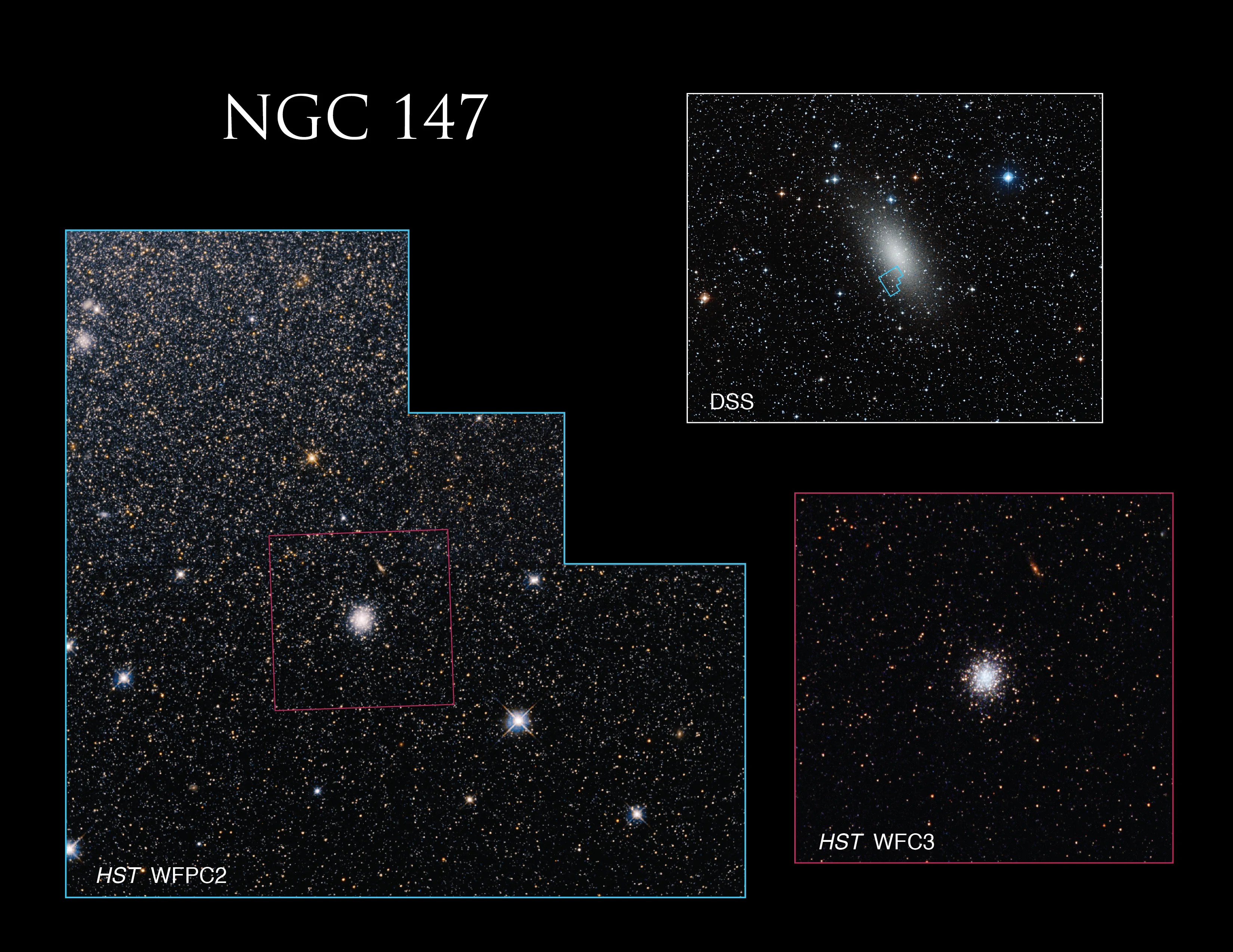 On the top right, a full ground based image of a distant galaxy, bright white in the center surrounded by clouds of dust and gas. Bottom left of the image is the Hubble shot of the same area, much closer with stars spotting the black background.