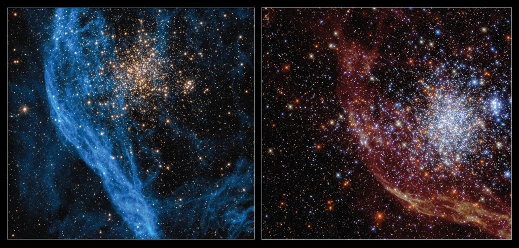 Left: nearly spherical gathering of white stars at center top. blue gas cloud extends from top left to center bottom. right: center left spherical gathering of blue-white and orange stars, reddish gas cloud extends from bottom right corner to top center.