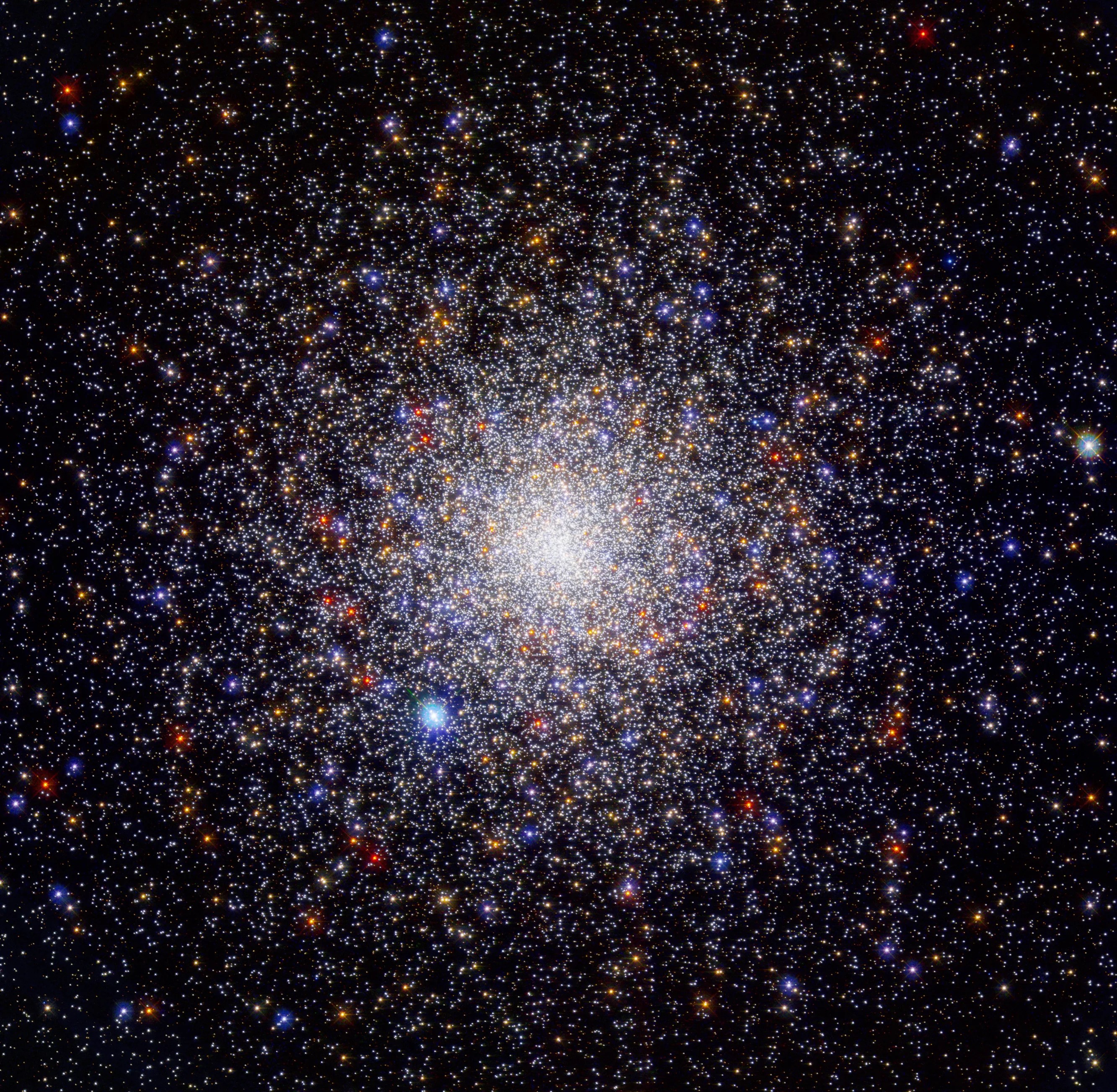 This is a globular cluster, a sphere of tens of thousands of stars. Most of them are a whitish color, but there are many bright red, yellow, and blue stars mixed in. The stars are more concentrated in the center of the sphere. As you move farther from the center, there are fewer stars.
