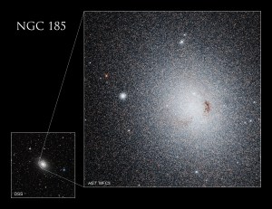 The ground-based image of Caldwell 18 (NGC 185) from the Digitized Sky Survey (DSS), shown in the bottom left, includes a white square that outlines the area of the galaxy imaged by Hubble’s Wide Field Camera 3 (WFC3).