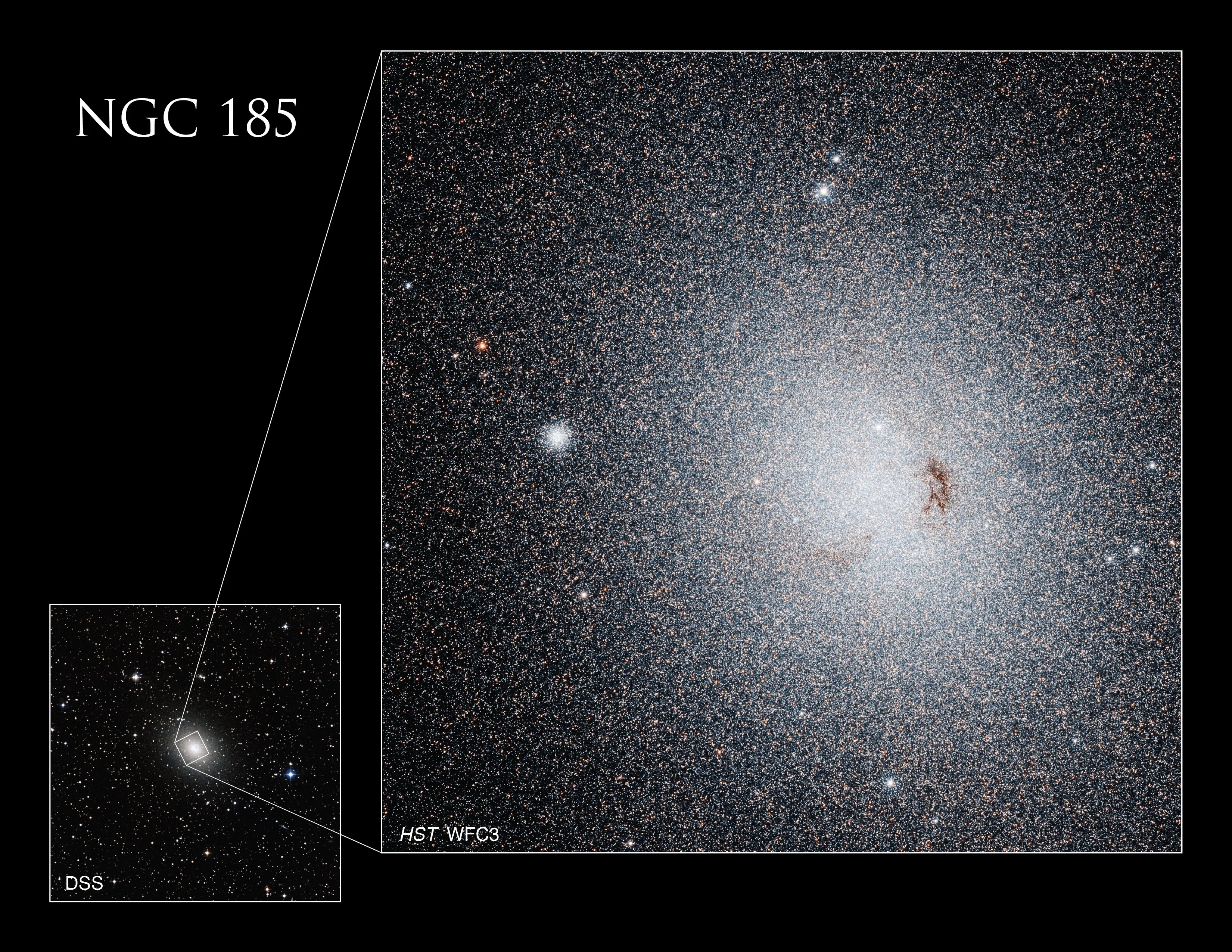 The ground-based image of Caldwell 18 (NGC 185) from the Digitized Sky Survey (DSS), shown in the bottom left, includes a white square that outlines the area of the galaxy imaged by Hubble’s Wide Field Camera 3 (WFC3).