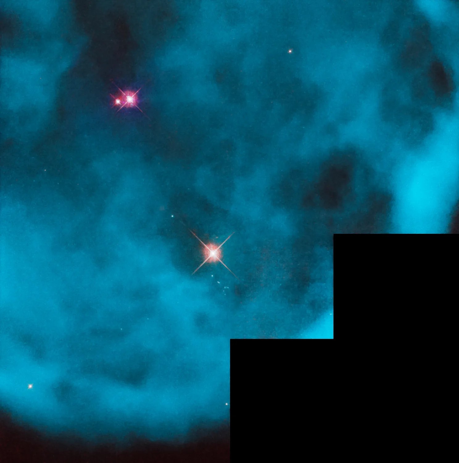 Near the center of the image is a bright orange star, and in the upper left, are two reddish-pink stars near each other. The entire image is filled by a turquoise, cloud-like "bubble".