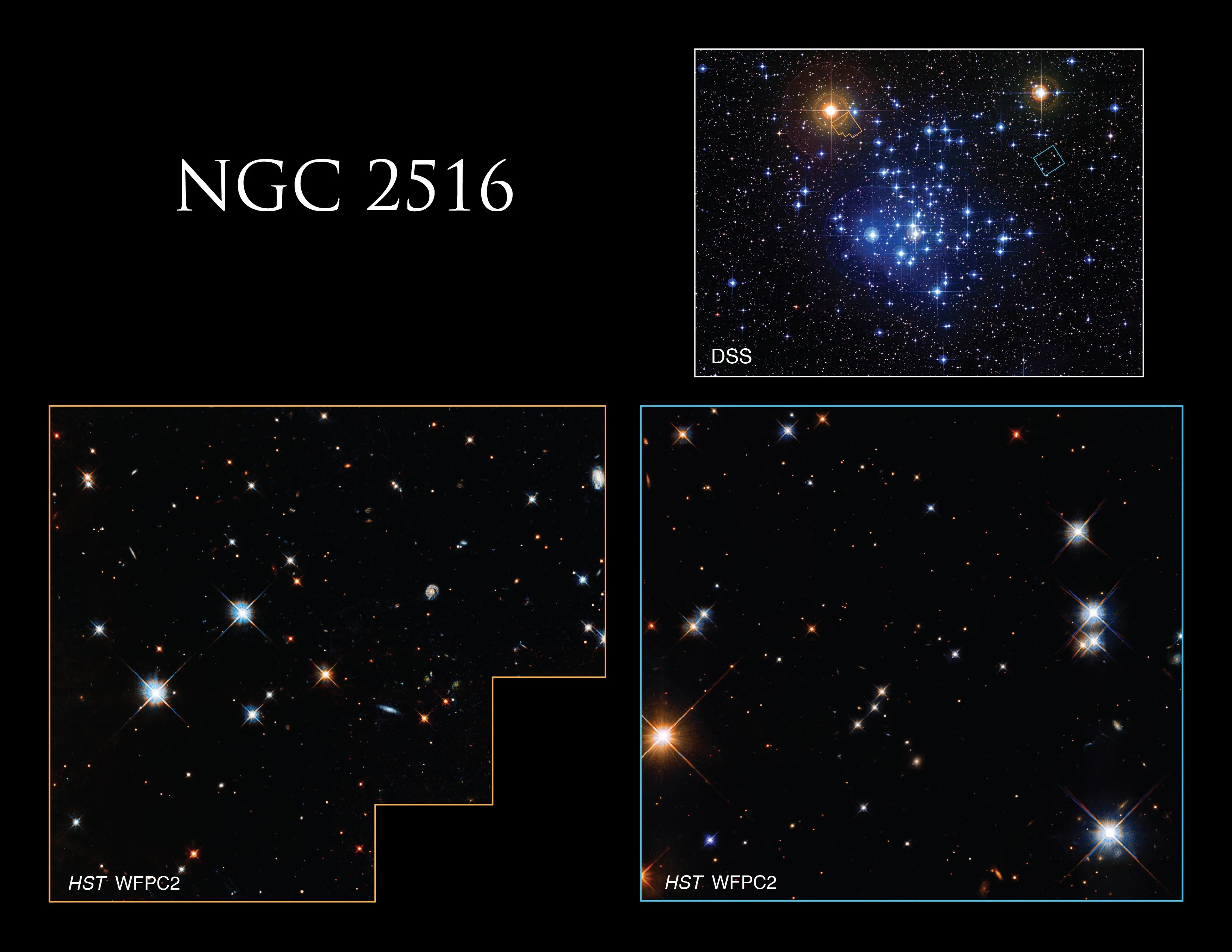 The first image shows a more distant image of the cluster, filled with blue stars. The next two images show Hubble closeups of some of the individual stars.