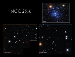 The first image shows a more distant image of the cluster, filled with blue stars. The next two images show Hubble closeups of some of the individual stars.