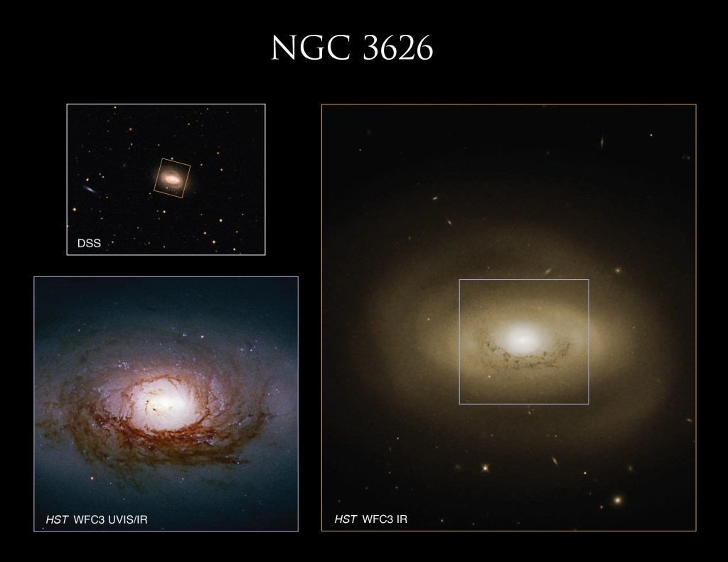 Features three different images of Caldwell 40: one in infrared on the right, one taken with a ground-based telescope in the upper left, and one in multiple wave lengths on the lower left.