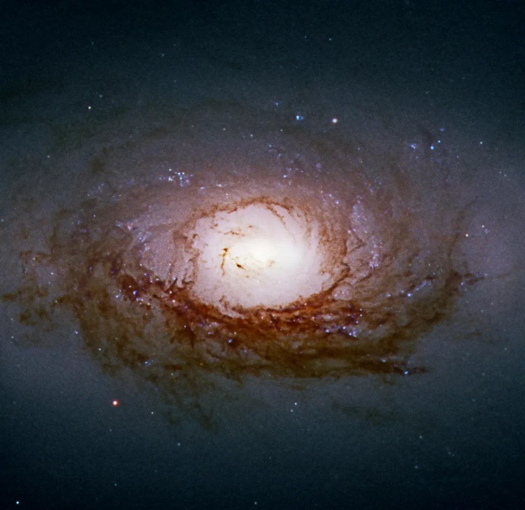A spiral galaxy has a glowing white center and wispy arms of gas that are reddish-brown at the thickest parts and whitish-pink for the smaller arms. The galaxy is surrounded by a bluish-white glow.