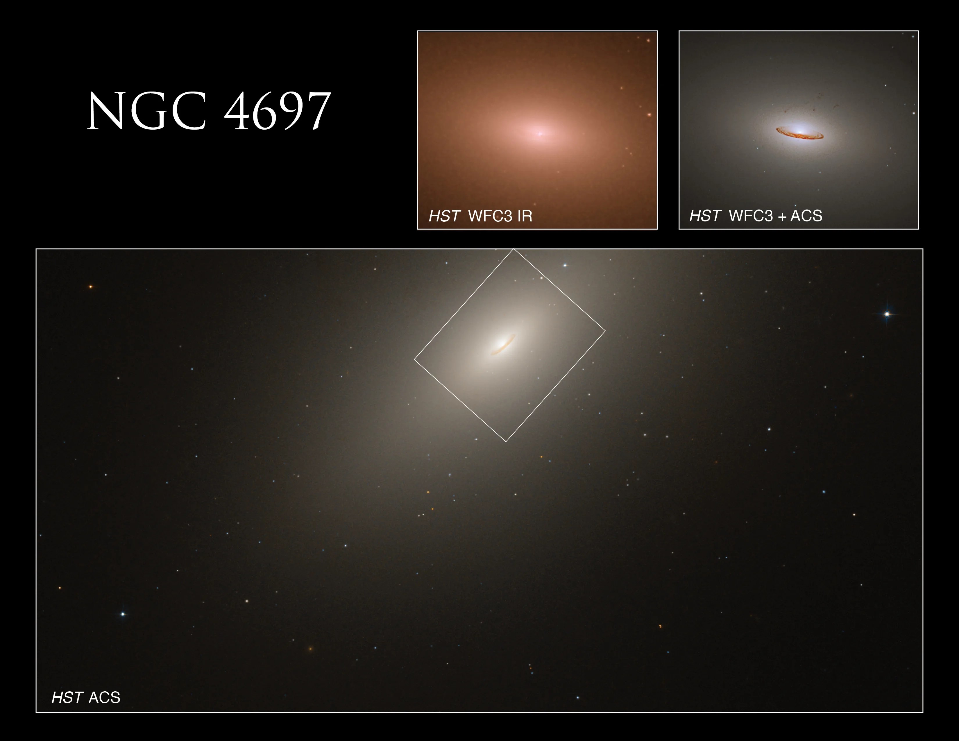 The bottom picture displays the entire galaxy, while the top right picture observes its center. The top left picture also observes the center, but in infrared light.