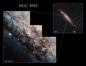 A ground-based image from the European Southern Observatory (ESO), in the upper right, shows the entire long, edge-on galaxy and includes an outline that shows the region near the center of Caldwell 83 observed by Hubble’s Wide Field and Planetary Camera 2. To the left is the Hubble image, showing dark dust lanes scattered with white and red stars.