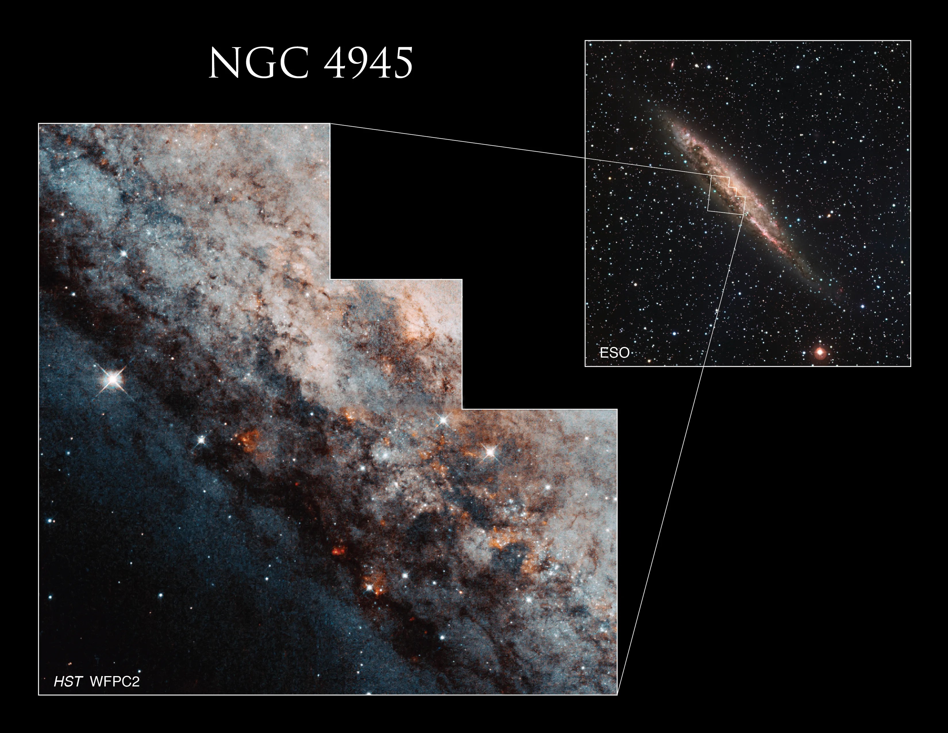 A ground-based image from the European Southern Observatory (ESO), in the upper right, shows the entire long, edge-on galaxy and includes an outline that shows the region near the center of Caldwell 83 observed by Hubble’s Wide Field and Planetary Camera 2. To the left is the Hubble image, showing dark dust lanes scattered with white and red stars.