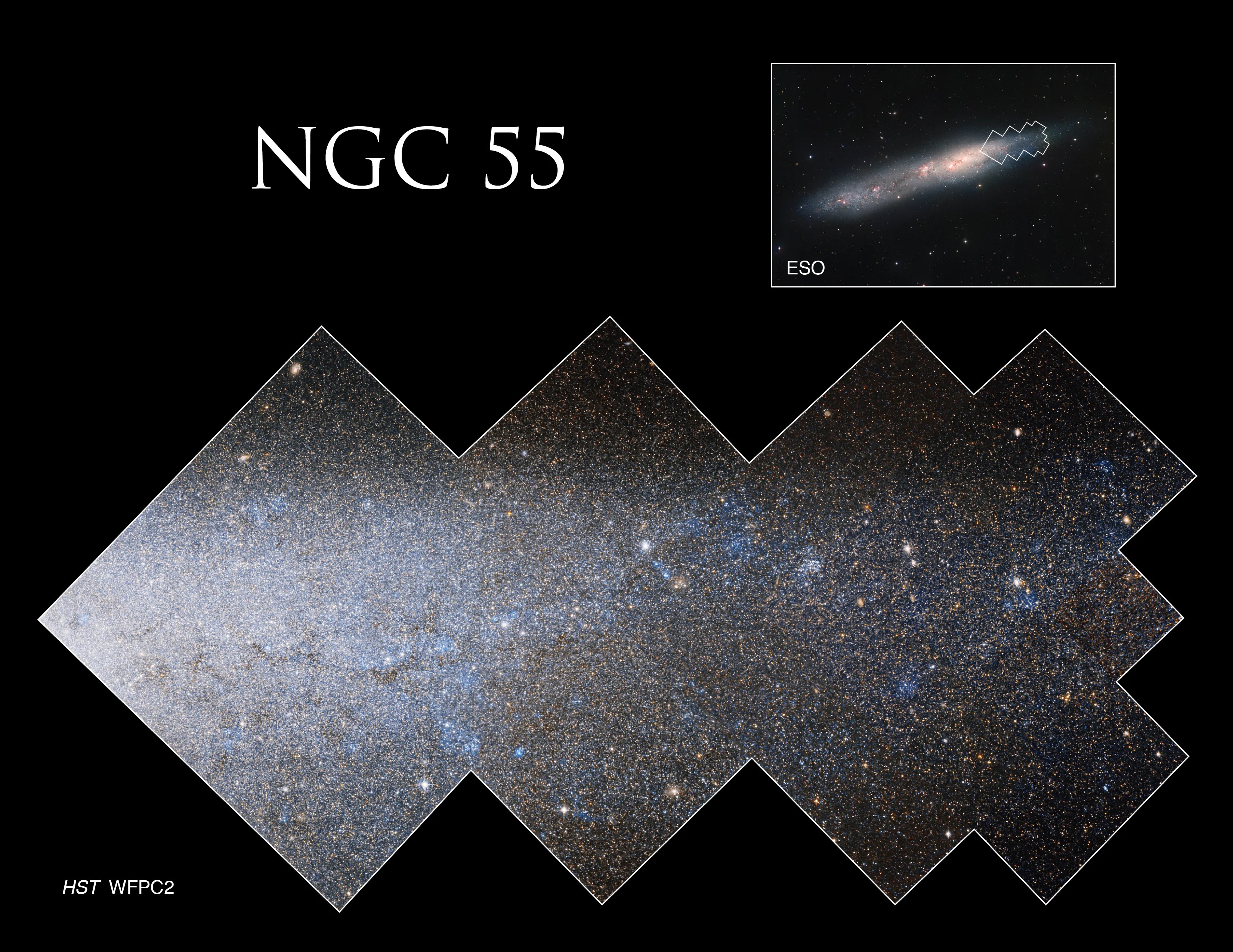 This is a mosaic-like inset of C72, with a high concentration of stars on the left (the center of the galaxy) fading out to be thinner on the right (the galactic edge).