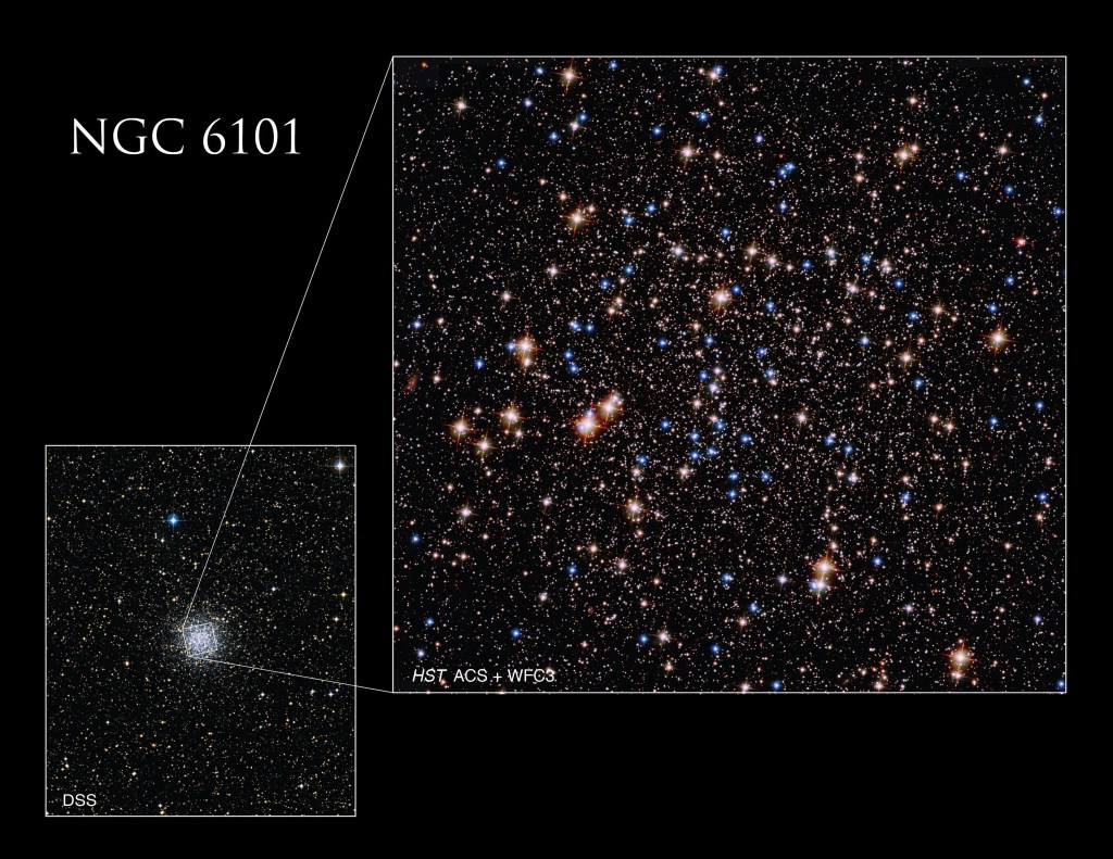 To the left is a ground-based image of spherical globular cluster Caldwell 107. A callout box to the right shows the Hubble image with its location in the cluster pinpointed.