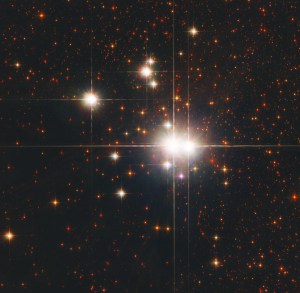 Several very bright whitish stars are clustered together, with a number of smaller and dimmer red stars around them.