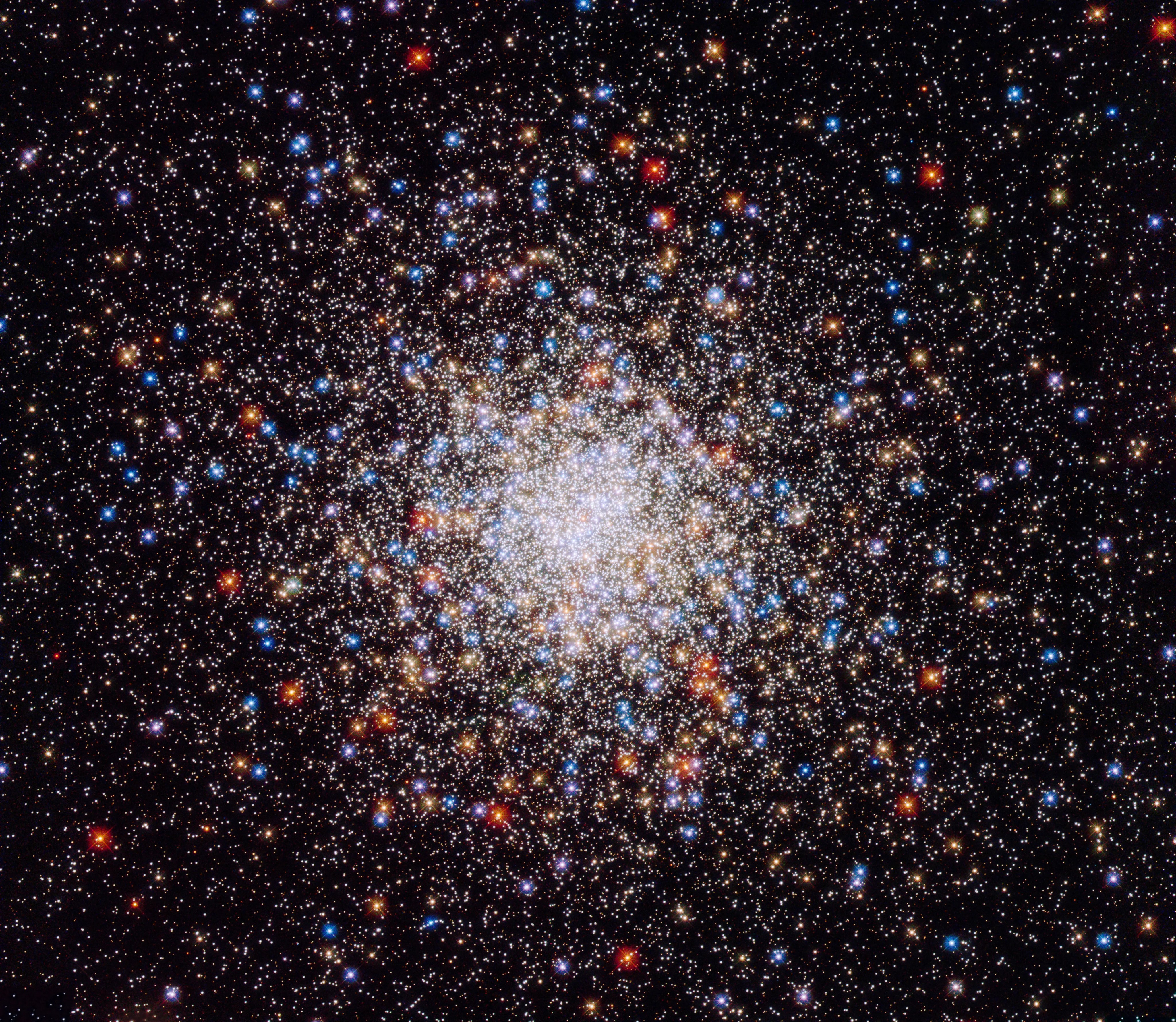 A bright, compact, spherical cluster of stars in colors of white, blue and red.