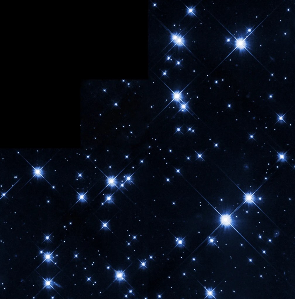 Bright blue stars pepper the dark black sky