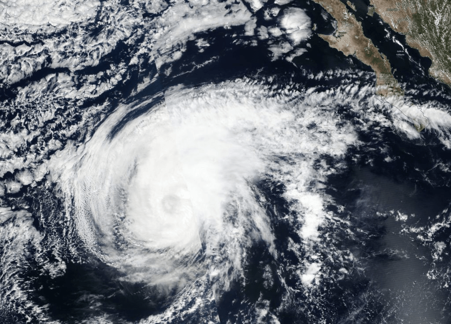 Satellite image of a hurricane passing over the Pacific Ocean.