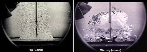 Split screen showing boiling water as it appears on Earth and in microgravity.