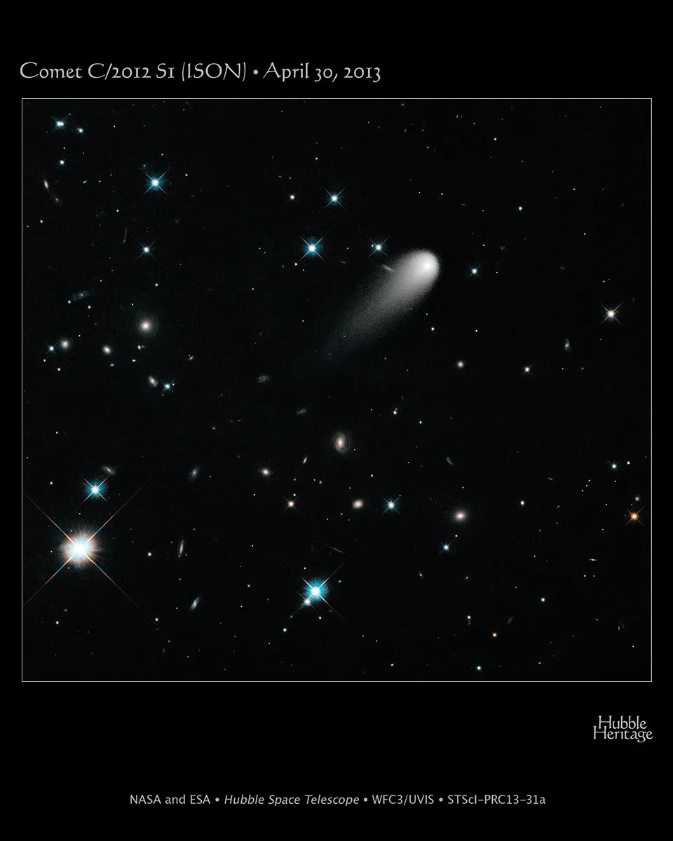 Comet ison swims amonst a scattering of stars and galaxies