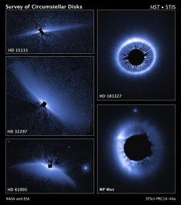 Five panel images of debris disks. Black dots obscure the stars at their centers to better reveal the debris. Two are round disks and the rest are seen at a tilt, edge on. The debris has the appearance of radiating from the stars with thin but visible rays.