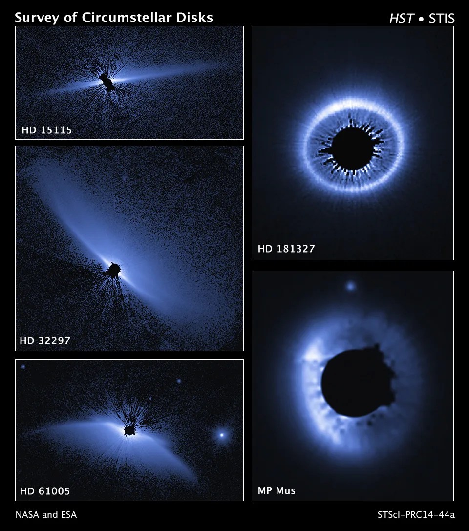 Five panel images of debris disks. Black dots obscure the stars at their centers to better reveal the debris. Two are round disks and the rest are seen at a tilt, edge on. The debris has the appearance of radiating from the stars with thin but visible rays.