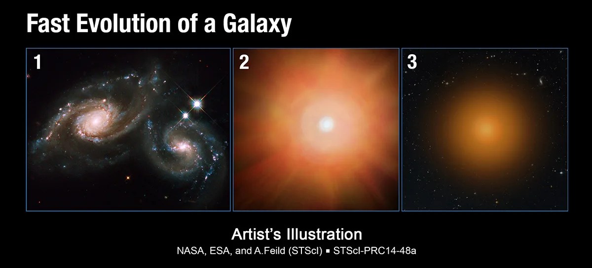 A three panel illustration. Panel 1: Two spiral galaxies merging. Panel 2: A bright flare. Panel 3: An elliptical galaxy.