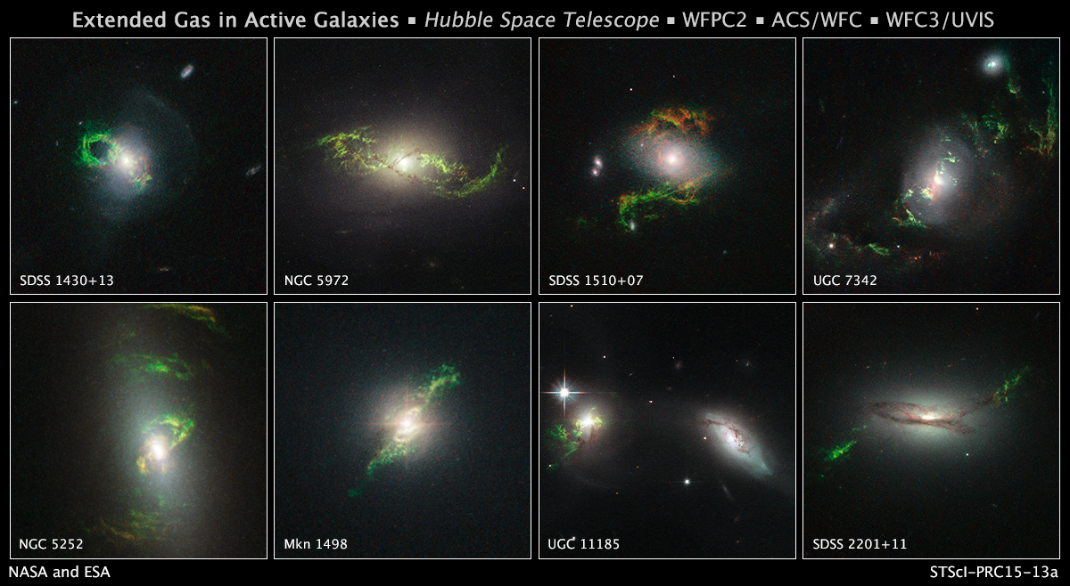 Eight tiled images of galaxies with green wisps of gas surrounding them.