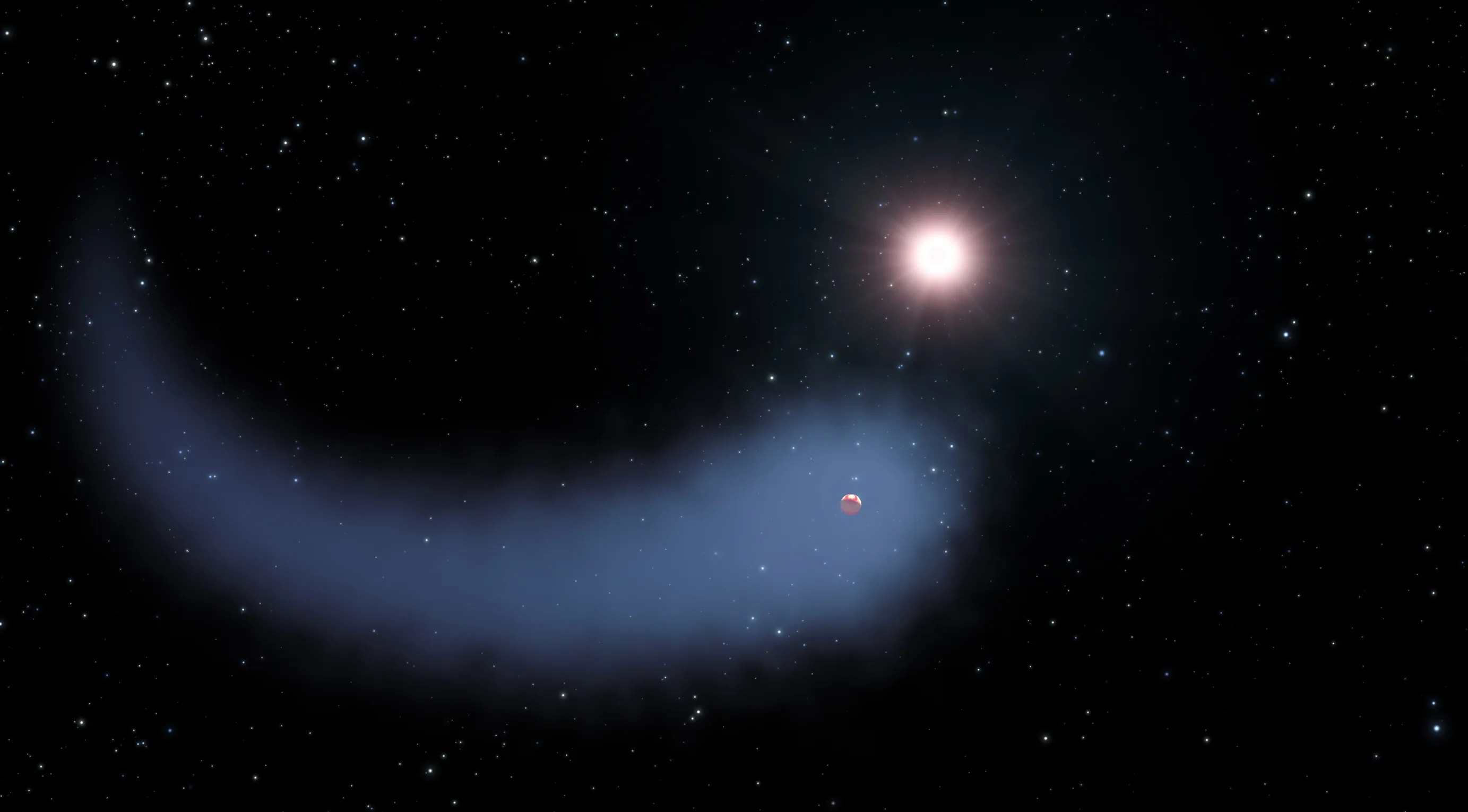 A tiny planet is nestled inside the head of a swooping comet-like tail of gas and dust. It faces its star.