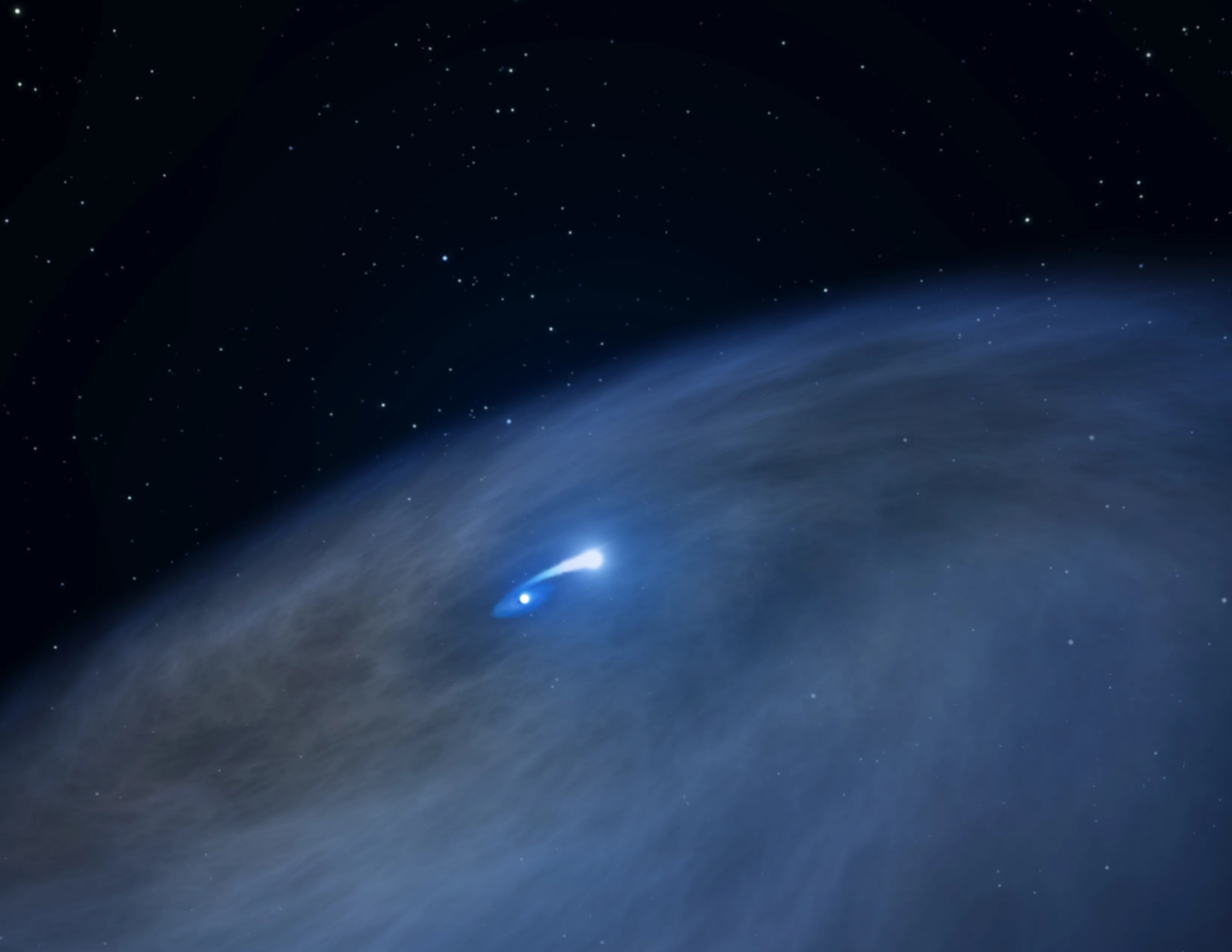 A disk of blue-gray dust swirls around a bright blue central point of light, against a dark field of stars