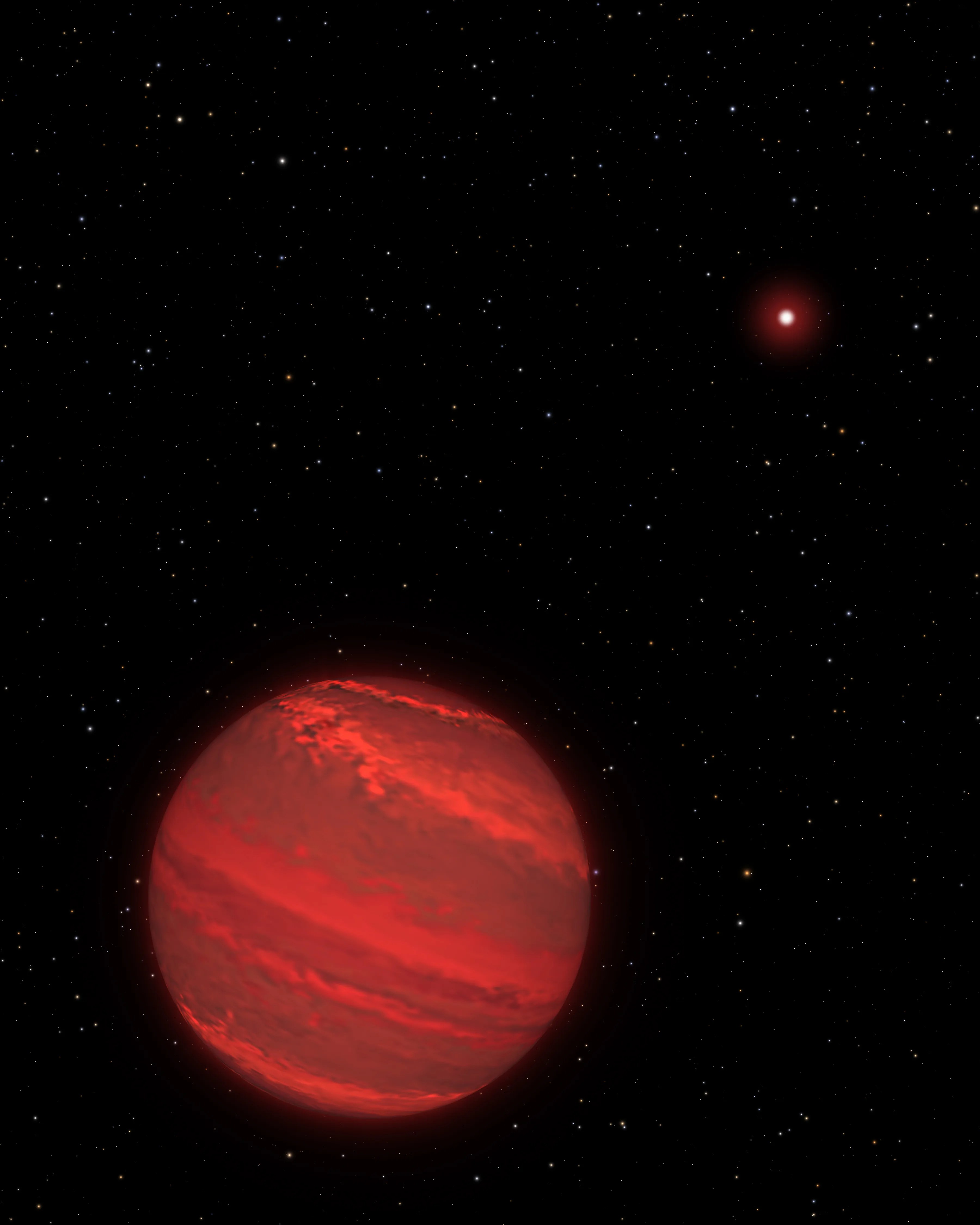 Illustration of a planet that is four times the mass of jupiter and orbits 5 billion miles from a brown dwarf companion object