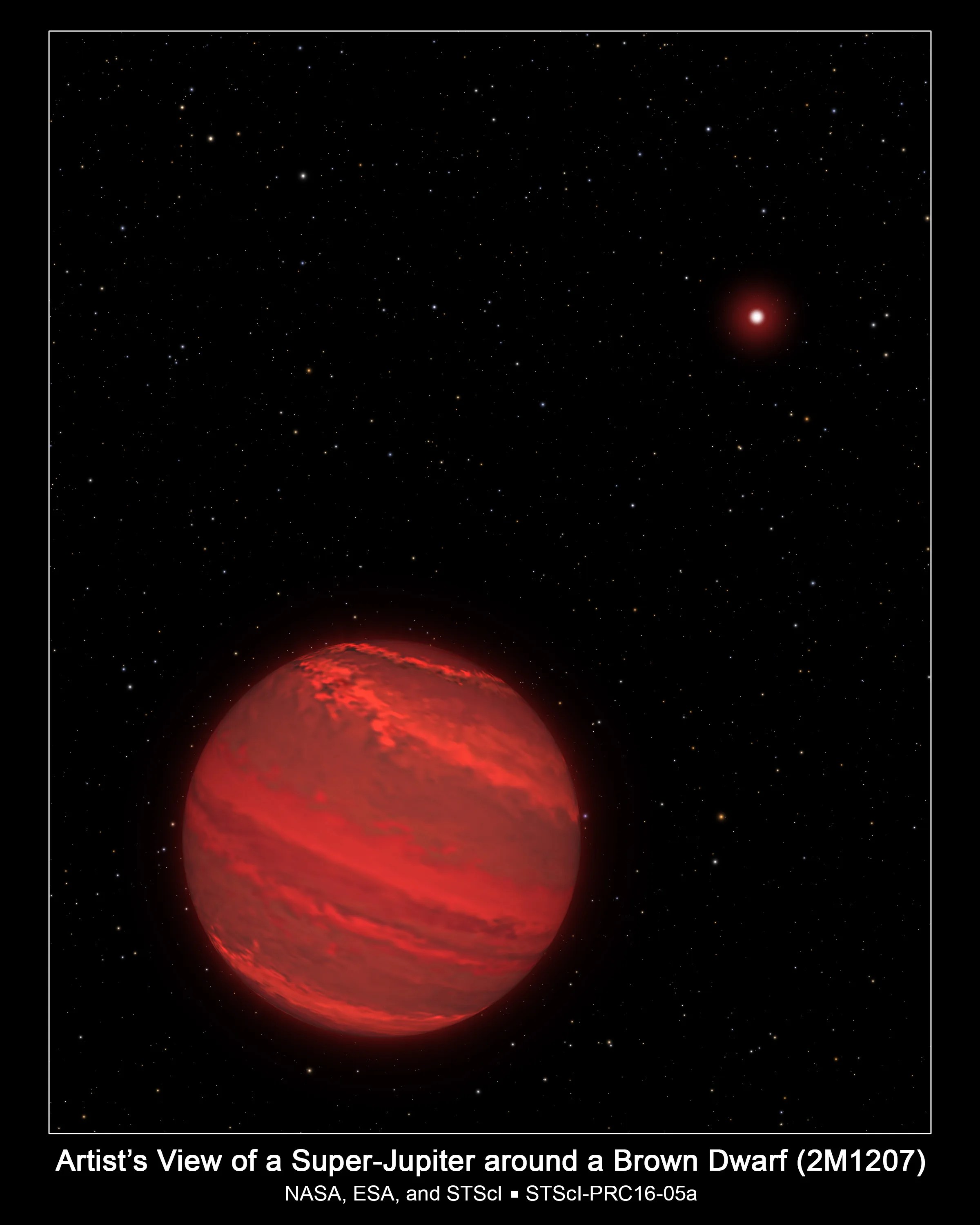 Illustration of a planet that is four times the mass of Jupiter and orbits 5 billion miles from a brown dwarf companion object