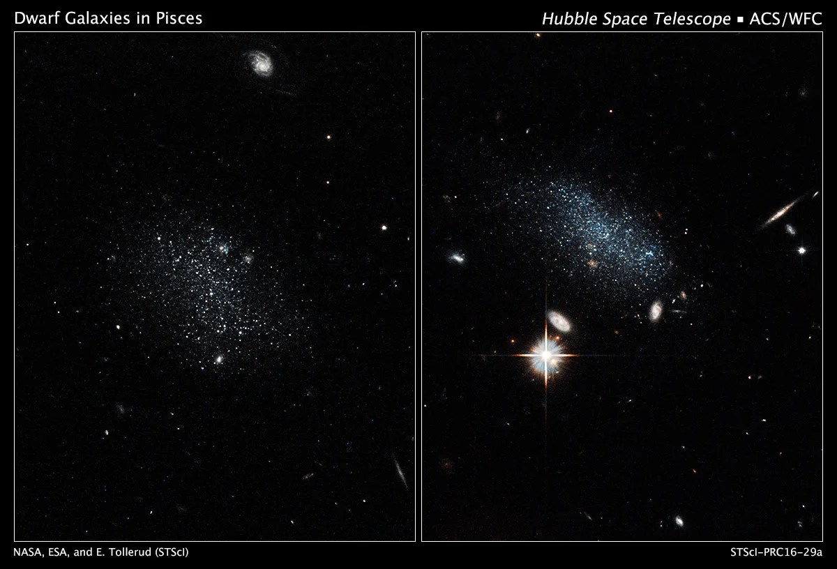 Side-by-side view of dwarf galaxies Pisces A and Pisces B, two galaxies that look like a "sprinkle" of stars.