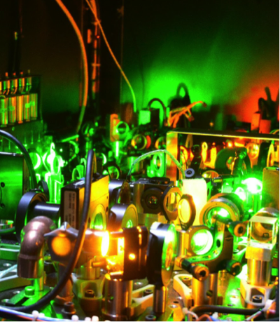 Optical components of the NASA Langley High-Spectral Resolution Lidar (HSRL) illuminated by laser light. Credit: NASA/A. Nehrir.