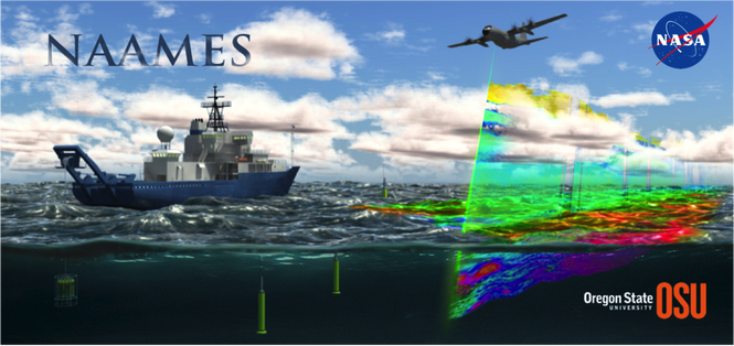 This cartoon shows the combined ship, aircraft, and float measurements that will be deployed during the 5-year NASA North Atlantic Aerosols and Marine Ecosystems Study (NAAMES) field project.  Our goal is to understand how ocean phytoplankton vary across different seasons, and it is thought that increased plankton concentrations in late Spring fill the ocean waters with organic molecules that are transported into the atmosphere through sea spray, wave breaking, and bubble bursting. These organics change the