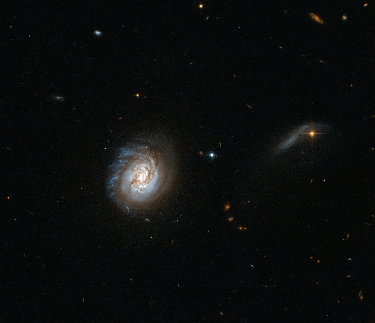 One large spiral galaxy shot with blue on the left arm, sprinkled around with bright blue and red stars and galaxies