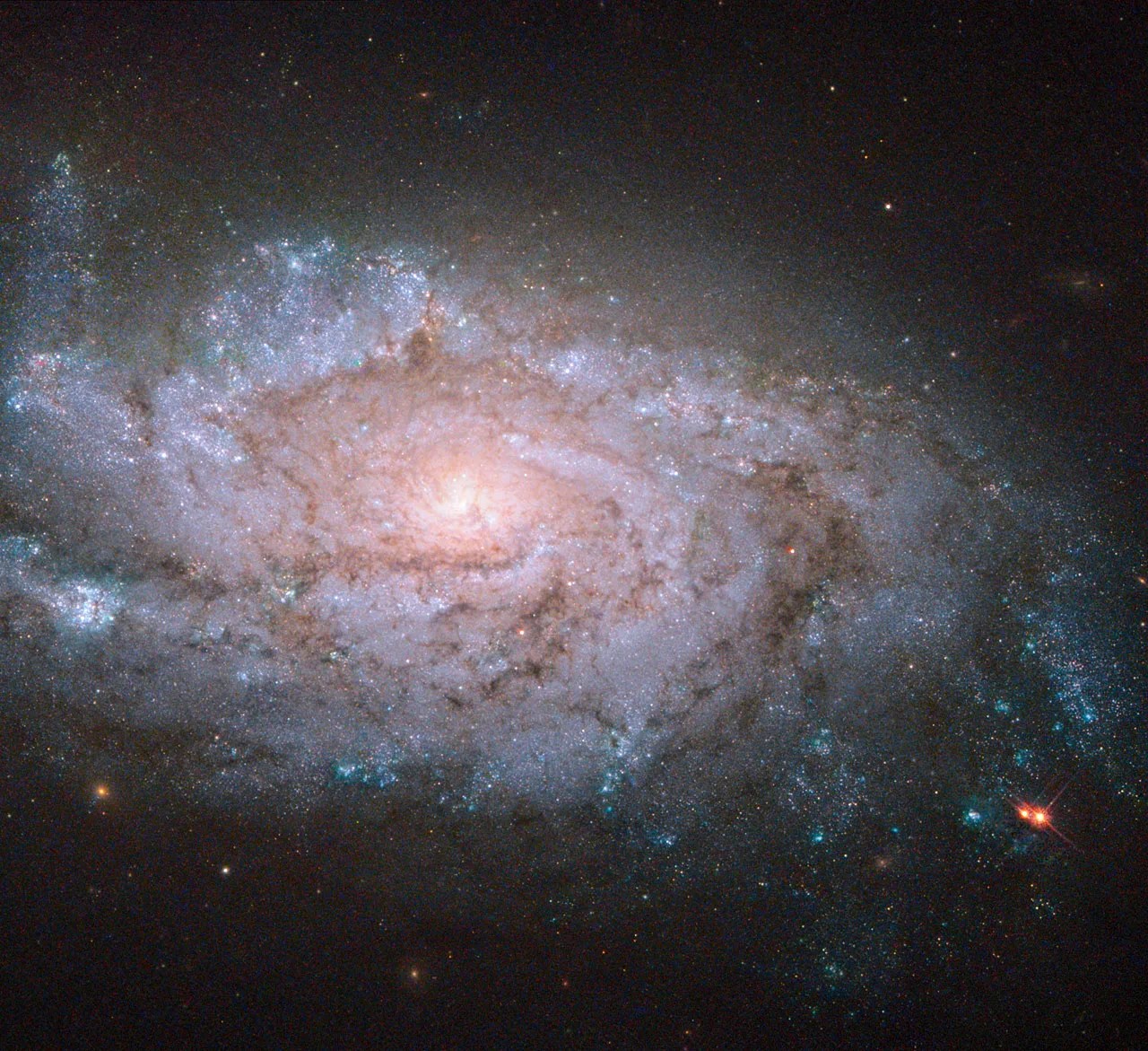 A spiral galaxy shaped a bit like a starfish, with a pink-orange center, surrounding arms and clouds of pinkish stars and reddish brown dust, and blue-white stars at the edges.
