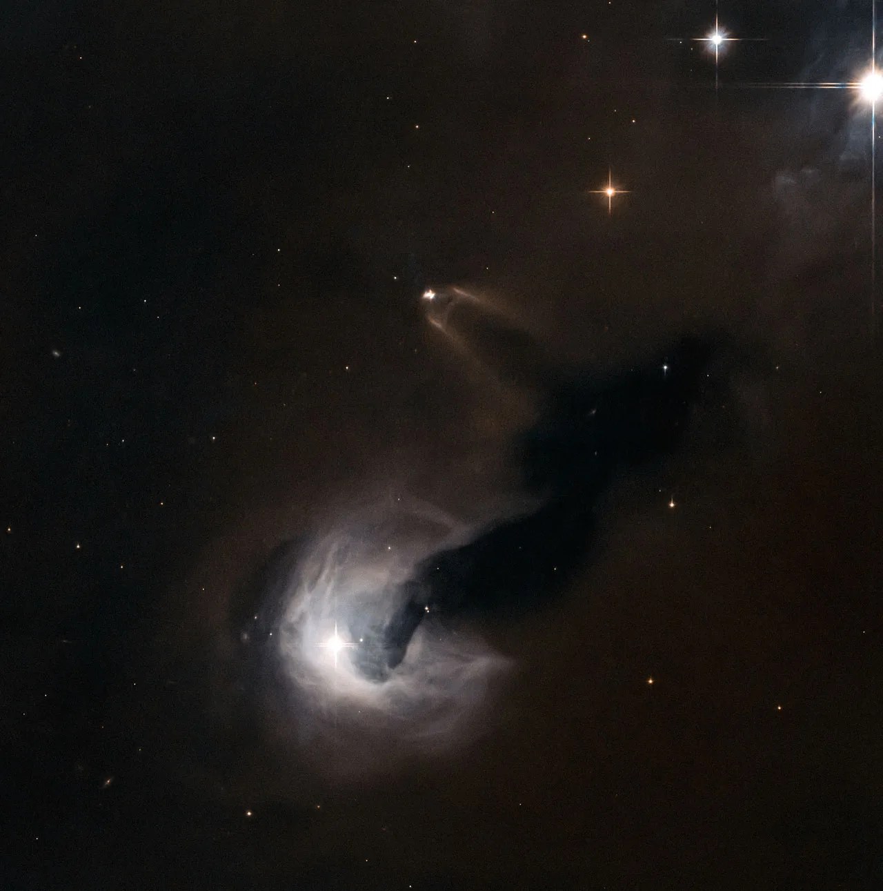 Hubble space telescope image showing a small young stellar object in the early stages of its life, surrounded by a bright disk o
