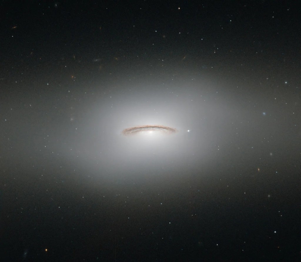 A bright, disk-shaped galaxy with rim-like dark dust lanes and a bright core. It looks a bit like a distant flying saucer.