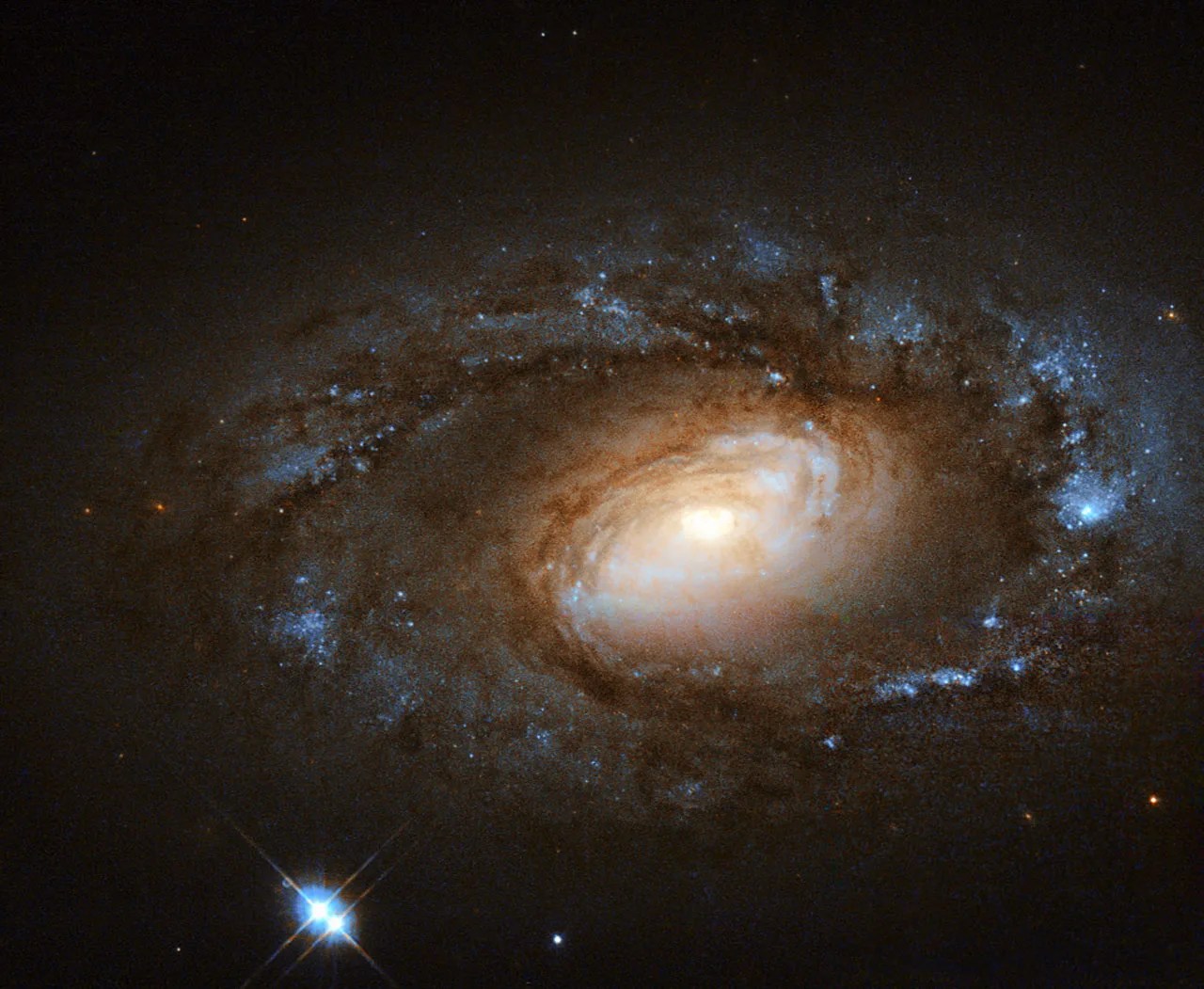 Small, tight spiral galaxy with a glowing gold center and dark dust lanes and clusters of blue stars in its winding arms.