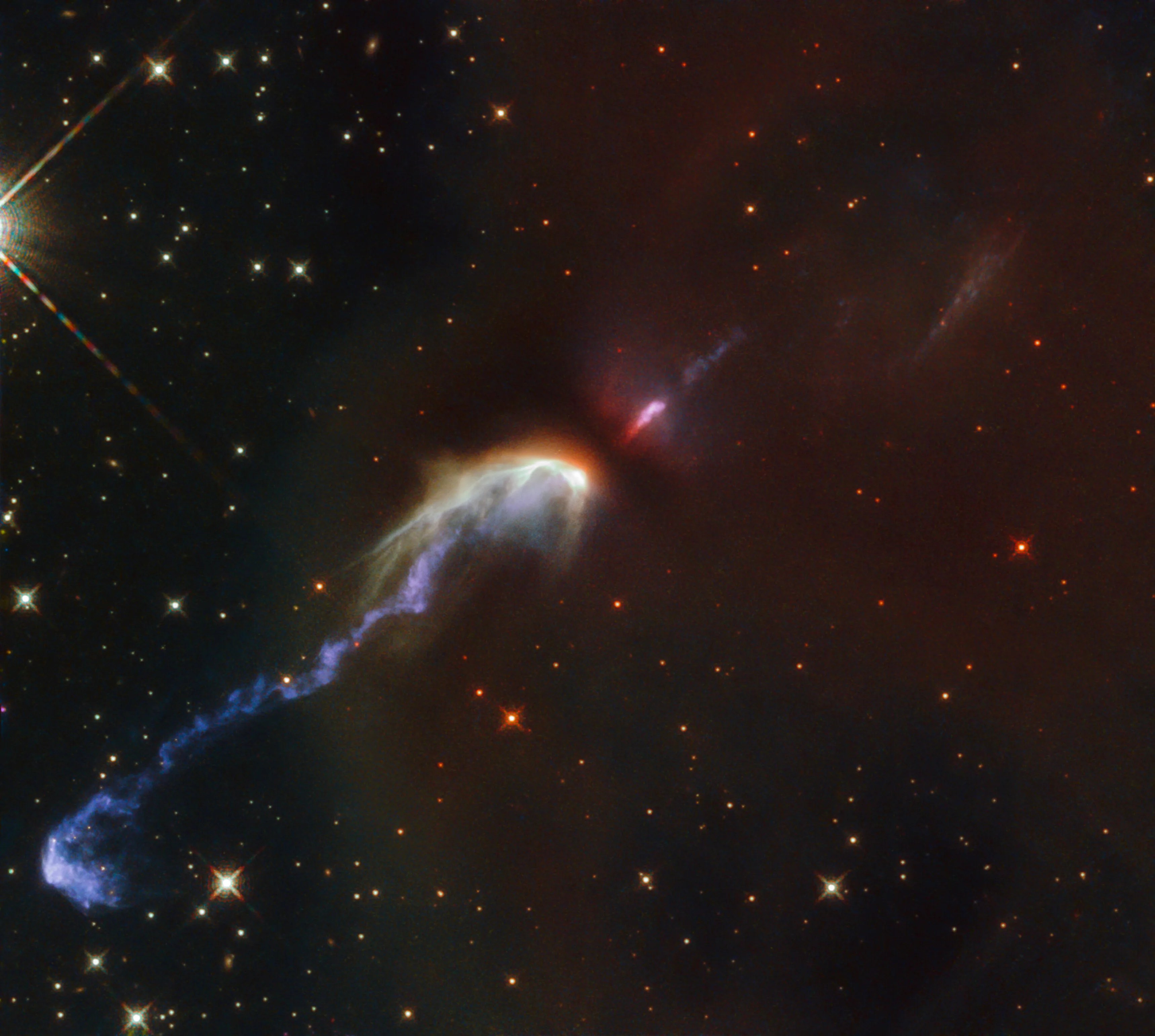 The two herbig-haro objects cataloged as hh46 and hh47, seen in this image were taken with the nasa/esa hubble space telescope.