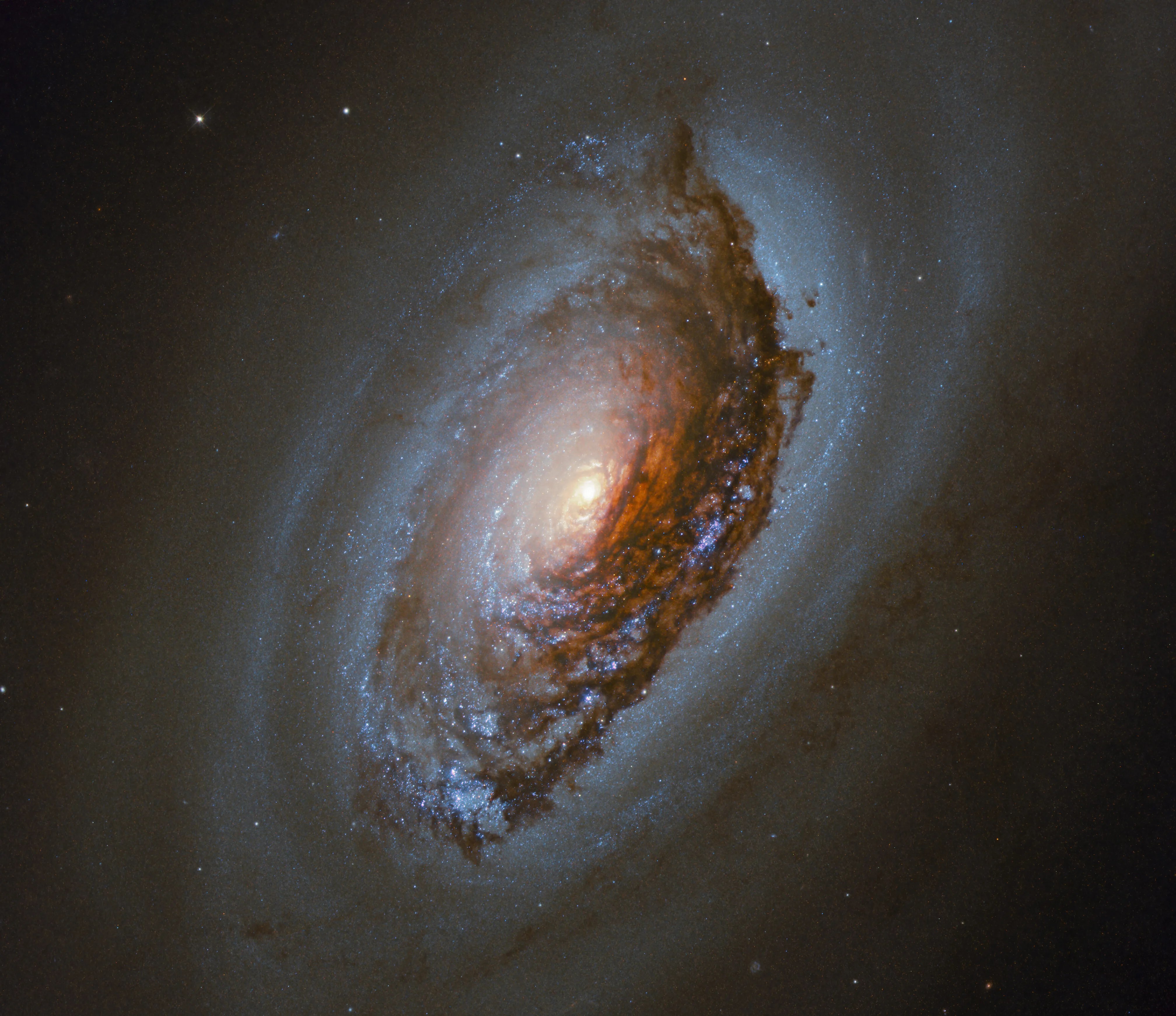 This image taken with the nasa/esa hubble space telescope features ngc 4826, a spiral galaxy located 17 million light-years away