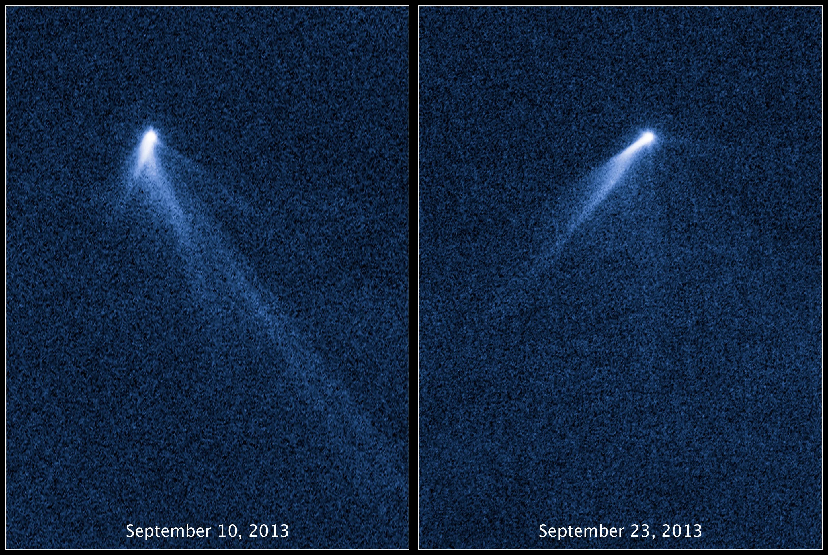 Left: Bright, blue-white asteroid at top with a tail extending toward the center bottom. Right: Bright, blue-white asteroid at top with a fainter tail extending to the center-left.
