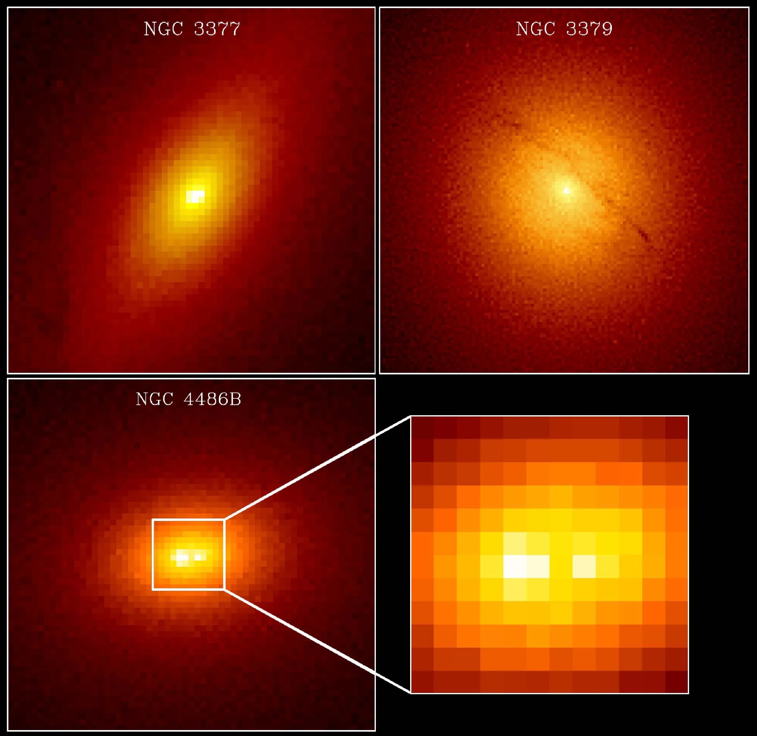 Four quadrants. The upper two hold images of the galaxies NGC 3377 (left) and NGC 3379 (right). The bottom left quadrant holds and image of the galaxy NGC 4486B. The lower-right quadrant shows an expanded view of NGC 4486B's center.  Each image holds a bright-yellow core surrounded by more diffuse a yellow, then orange, and later red glow. 