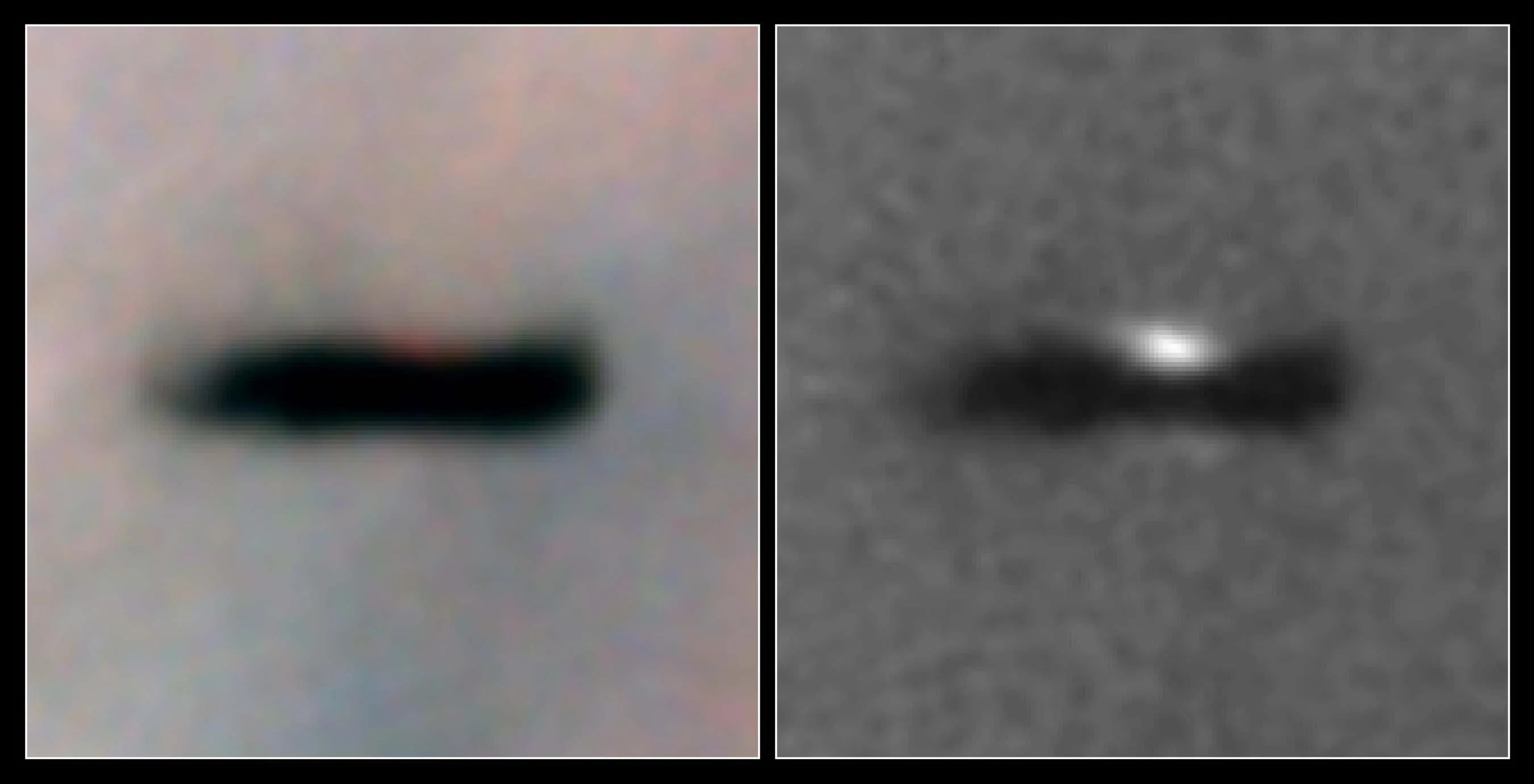 Two seprate images of protoplanetary disks of dark black gas surround a newborn star in Orion Nebula