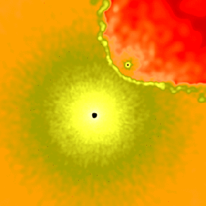 An animated gif shows a yellow circle with a black dot in its center on an orange background. The cicle appears to be emanating a greenish material. A red, comet-like object with a black dot at its head spirals in toward the center of the yellow circle.